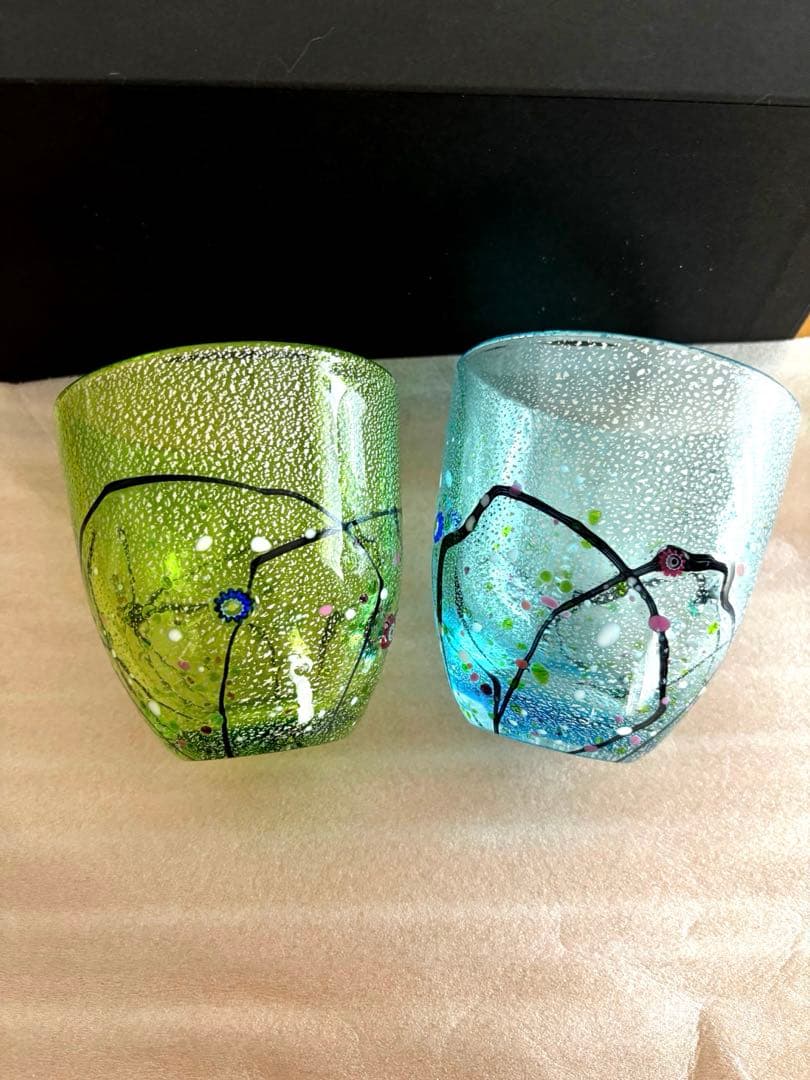 ガラスペアロックグラス★セット価格★若草色、水色★新品未使用、送料無料★