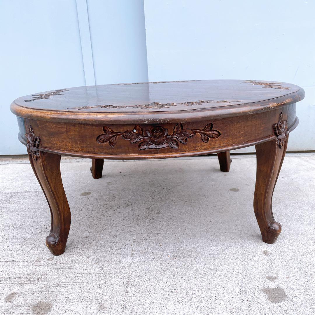 【美品送料込】アンティーク家具 手彫り彫刻 円形テーブル 猫脚