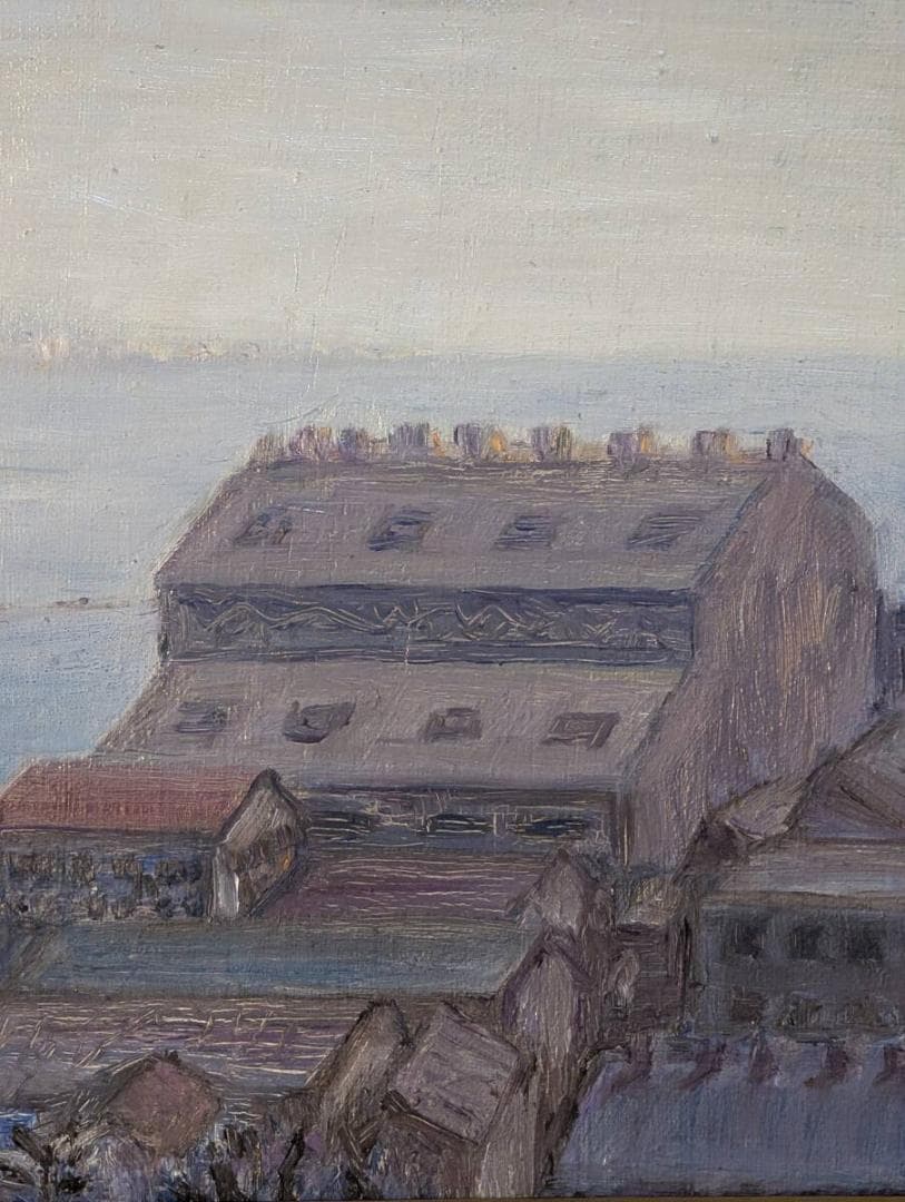 【真作】絵画　油彩4号　湾岸に佇む倉庫群　静謐な海辺の風景画　X144