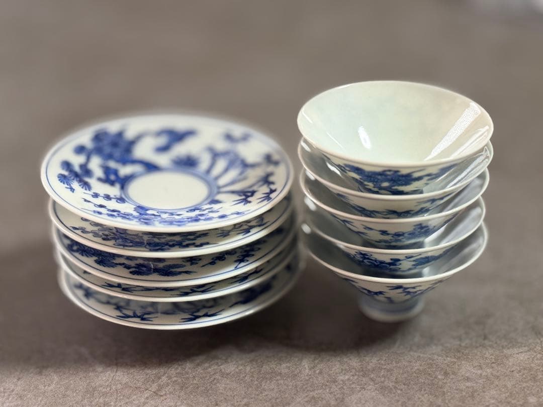 白磁染付　京焼　竹春造　盃セット