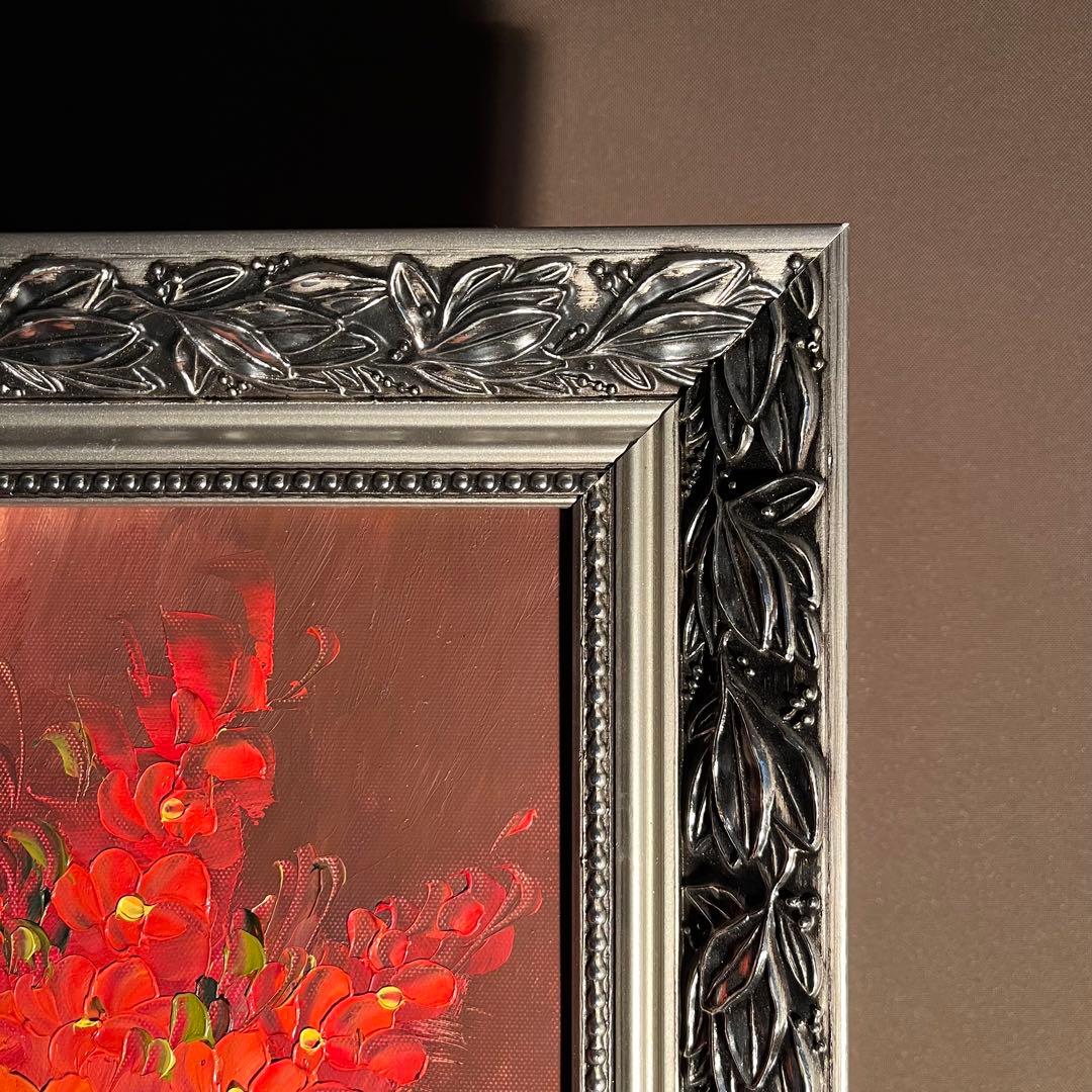 手書き油絵 花瓶の花 額付 絵画 インテリア 油彩画