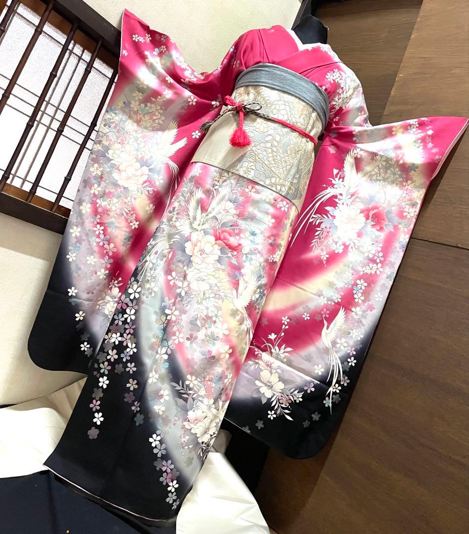 振袖 フルセット6点サイズM〜Ｌ熨斗吉祥花鳥蝶文　正絹売り切り終了