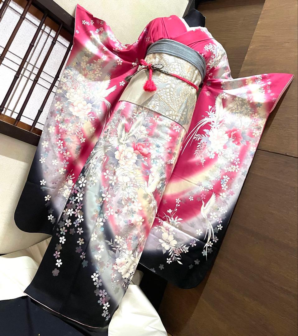 振袖 フルセット6点サイズM〜Ｌ熨斗吉祥花鳥蝶文　正絹売り切り終了