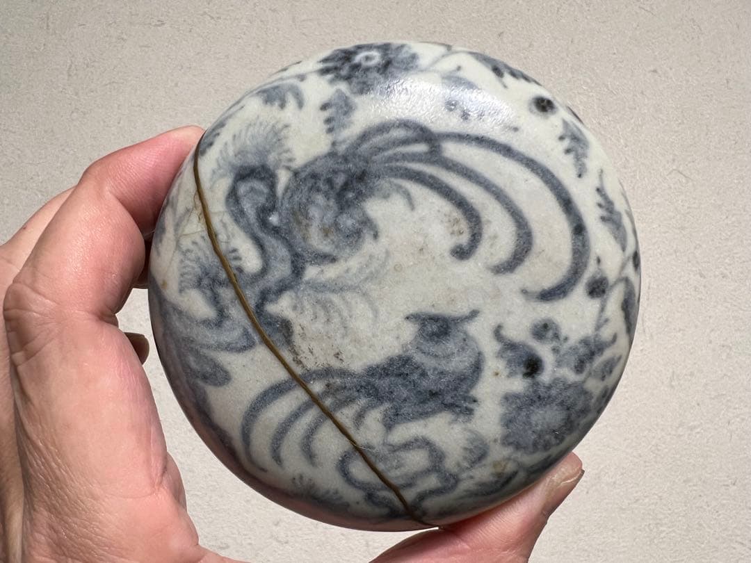 安南 染付 尾長鳥文様 吉祥紋 香合 金直し 骨董 古美術