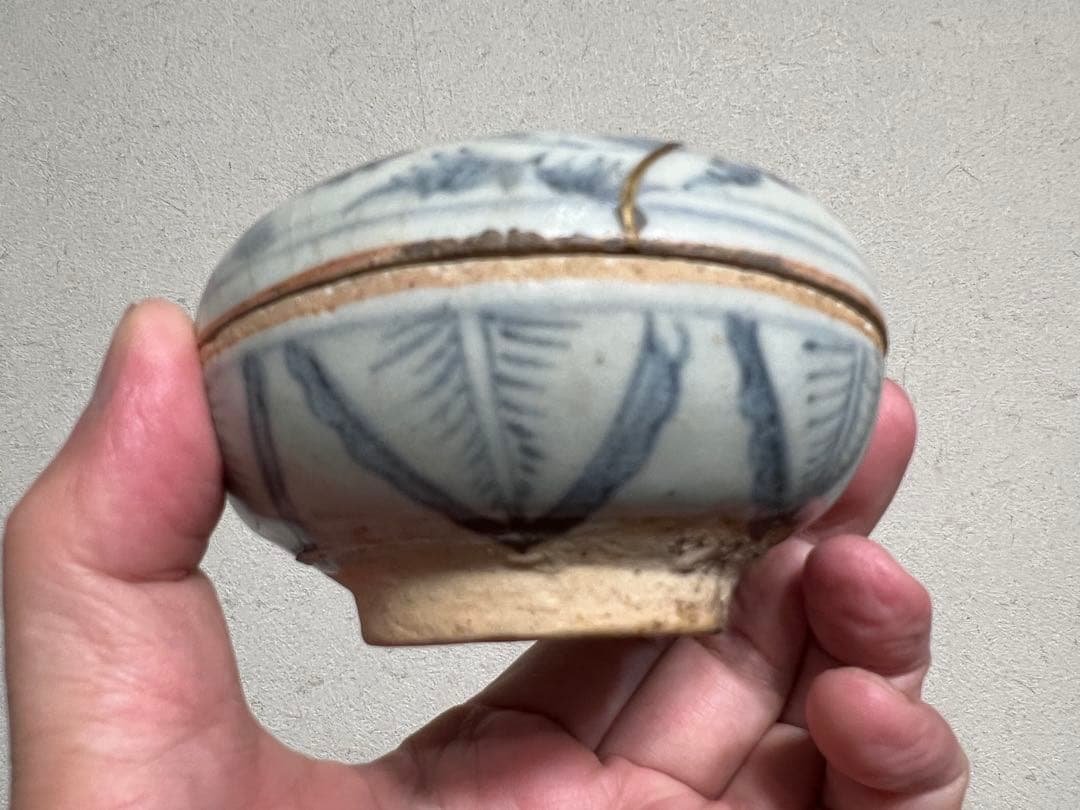 安南 染付 尾長鳥文様 吉祥紋 香合 金直し 骨董 古美術