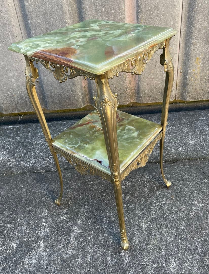 イタリア製/飾り棚/花台/大理石/グリーンオニキス/ロココ調/猫脚/2段