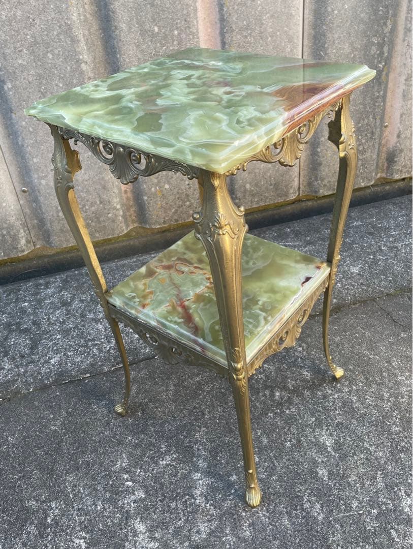 イタリア製/飾り棚/花台/大理石/グリーンオニキス/ロココ調/猫脚/2段