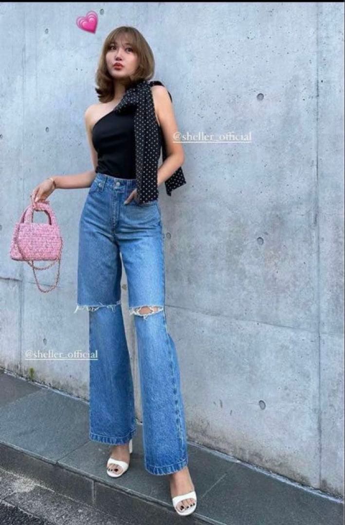 新品タグ付shellerシェリエone shoulder ribbon tops