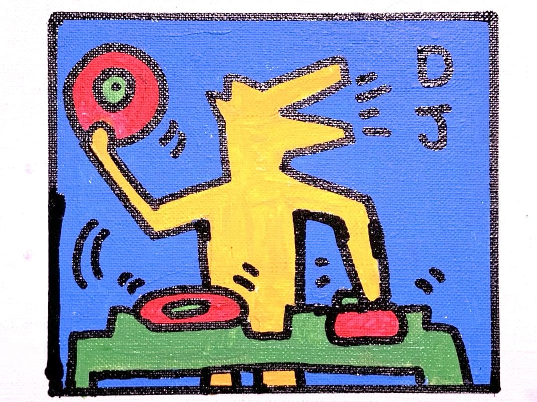 【 キース・へリング『ＤＪ』】　肉筆油彩　キャンバスF3　額装