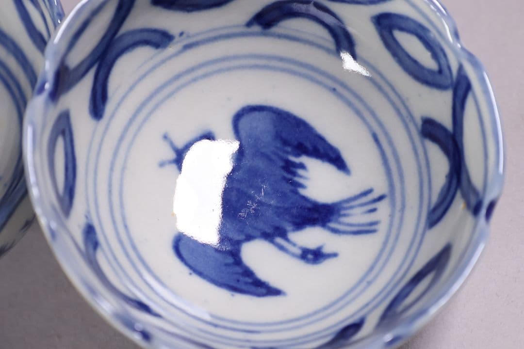 中国 若深珍蔵 染付 煎茶椀 五客 山水 鳥図 茶器 陶磁器【MA580】