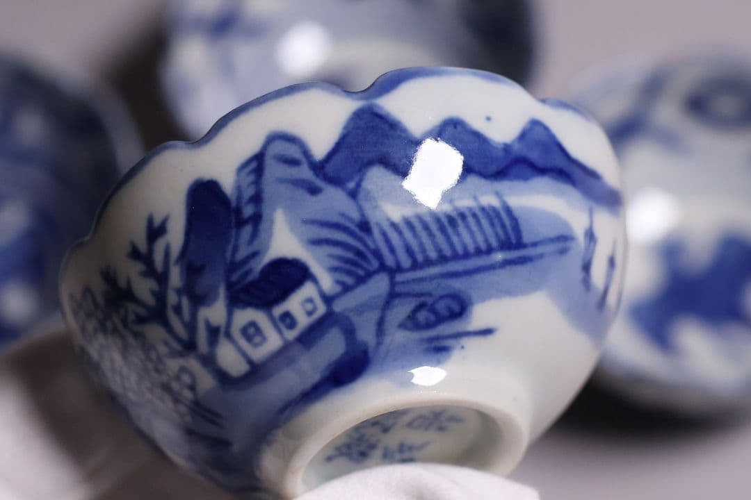 中国 若深珍蔵 染付 煎茶椀 五客 山水 鳥図 茶器 陶磁器【MA580】