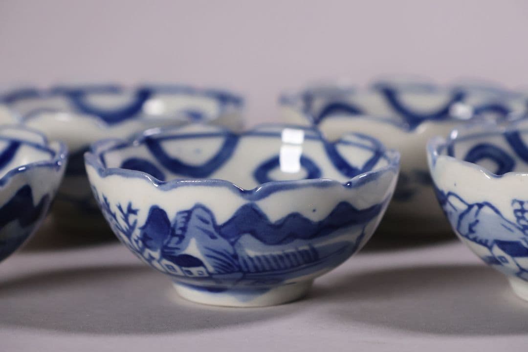 中国 若深珍蔵 染付 煎茶椀 五客 山水 鳥図 茶器 陶磁器【MA580】