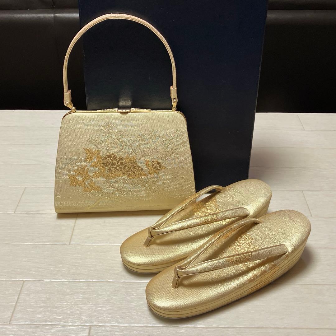 《未使用》佐賀錦　草履バッグセット　東京芝山　正絹　ゴールド　金糸