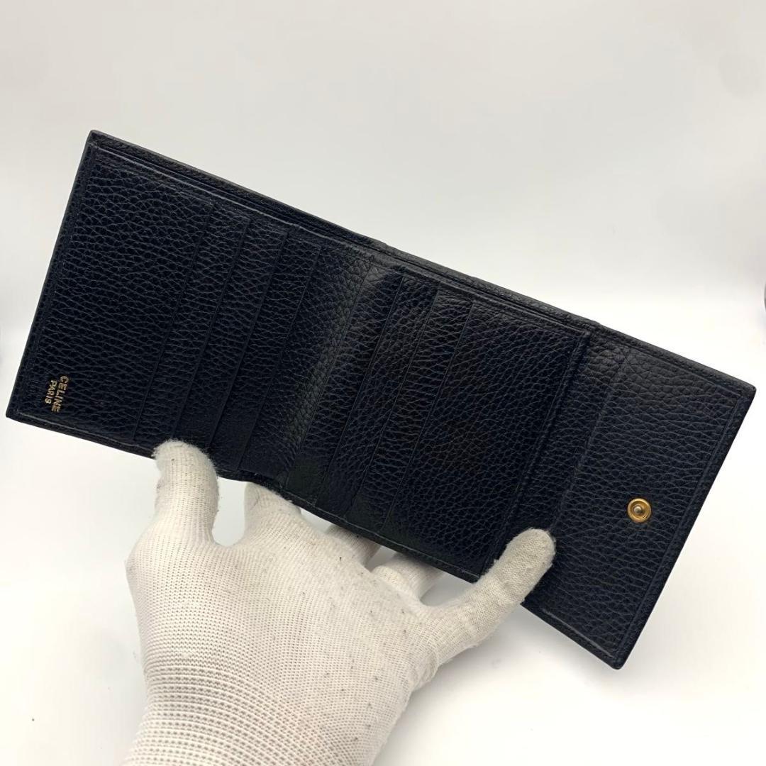 鑑定済み セリーヌ 三つ折り 財布 トリオンフ コンパクト ミニ レザー 革 黒