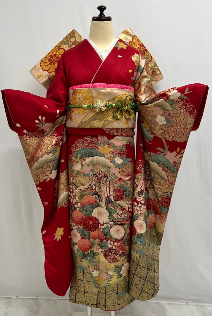 振り袖　フルセット　別誂長襦袢　古典柄　成人式　赤　結婚式　金彩加工　668