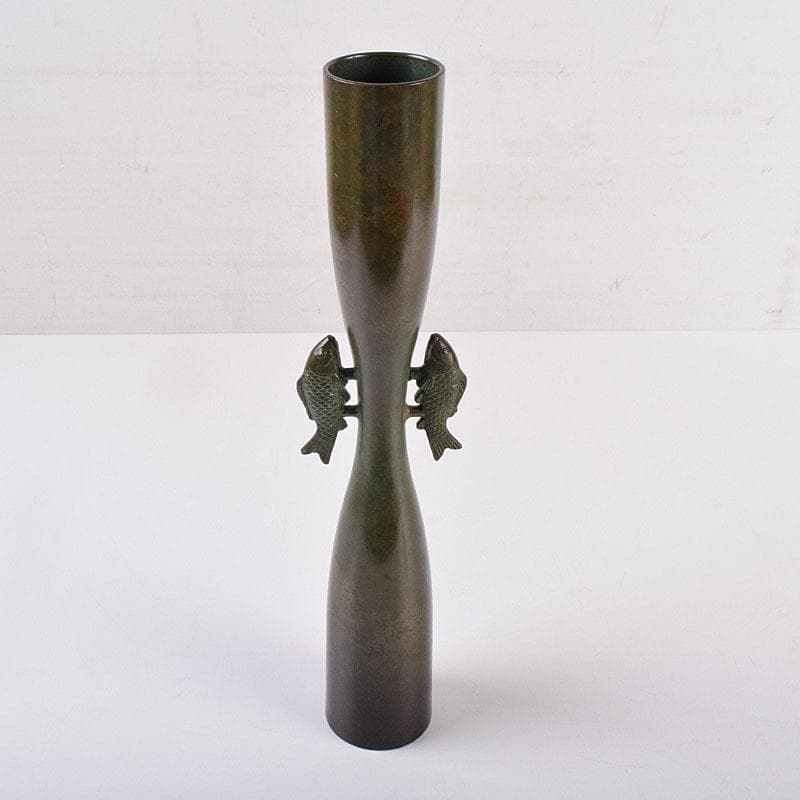 唐銅風炉師　黒瀬宗康作　唐銅　鯉耳花入　共箱　V　R8967