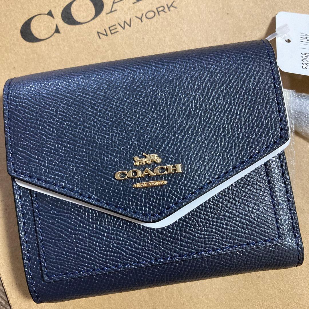 COACH ネイビー 三つ折り財布　正規品　コーチ　折財布　本革　男性にも！