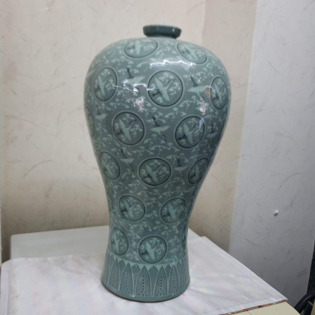 Ｂフライデー蔵出し特価　青磁 鶴模様 陶器 花瓶　作家物海剛作桐箱あり48cm