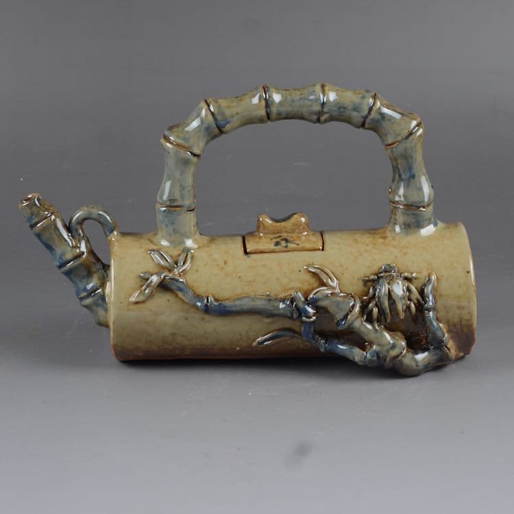 陶器て彫刻竹の節梁を持ちます壺茶壺徳利の置物  現代工芸品  美術品 置物