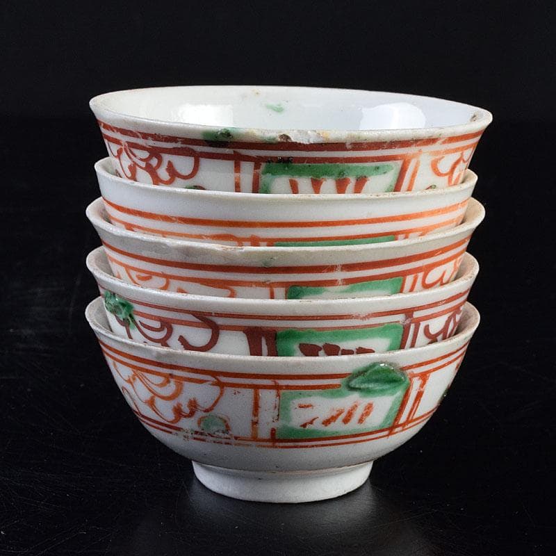 中国　古渡　赤絵呉須　花草文　煎茶碗　五客　時代箱　V　R9530