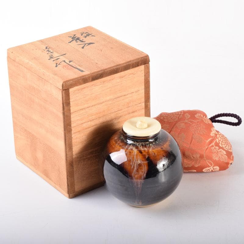 茶道具　京焼　清水焼　桶谷定一作　文琳茶入　仕覆付　共箱　V　6993