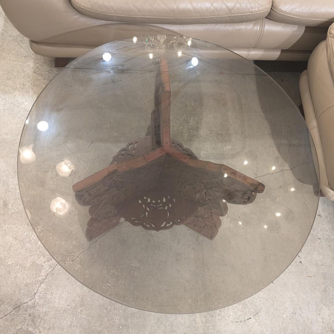 専用ページ 木彫りガラス テーブル 彫刻 天板ガラス 丸テーブル サイドテーブル