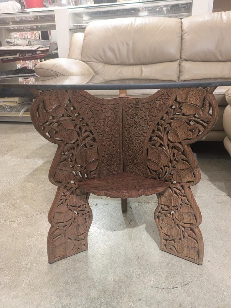 専用ページ 木彫りガラス テーブル 彫刻 天板ガラス 丸テーブル サイドテーブル