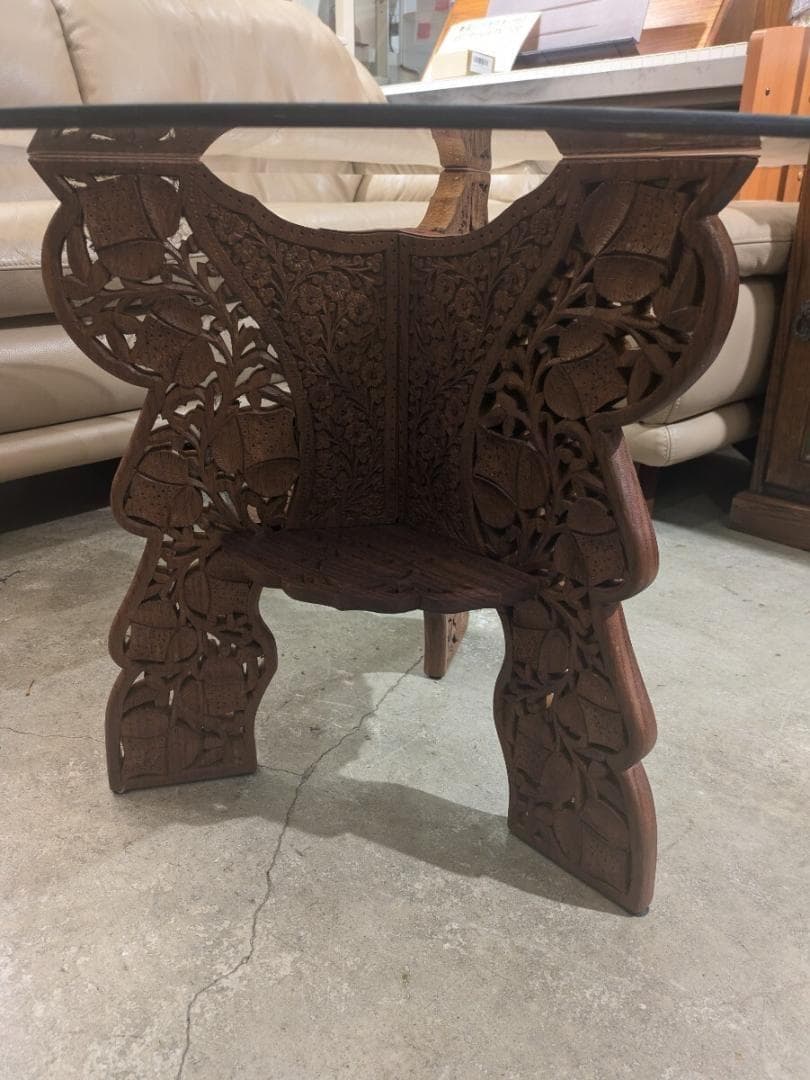 専用ページ 木彫りガラス テーブル 彫刻 天板ガラス 丸テーブル サイドテーブル