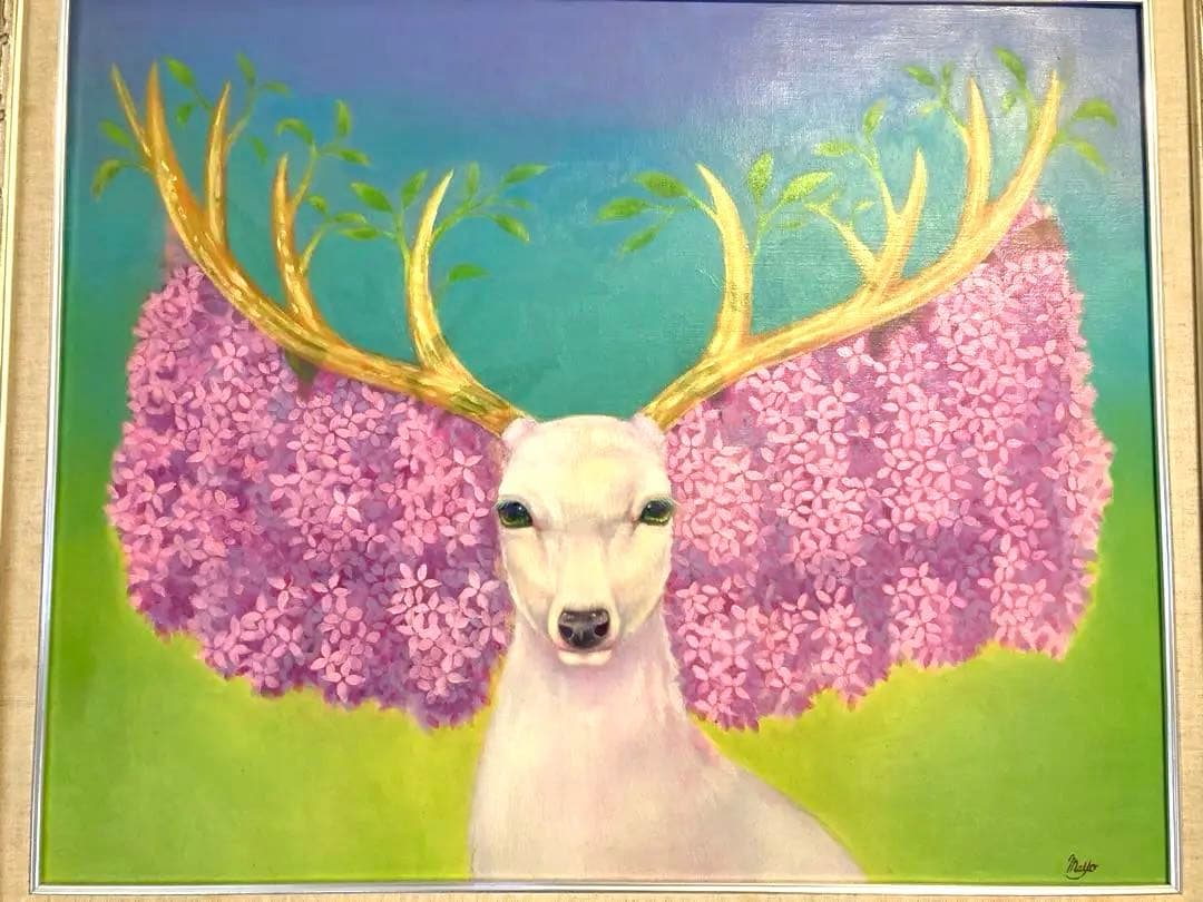春うらら　新人画家　大塚麻世 白鹿　桜　油彩 絵画 動物　油絵　鹿　動物絵