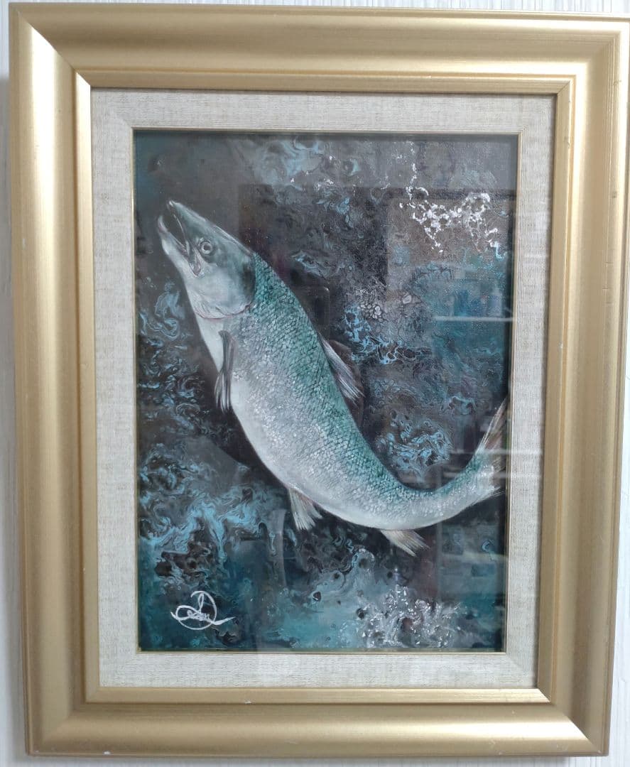 鮭の油絵【鮭の夢】作者サイン入り/真作/F4号キャンバス