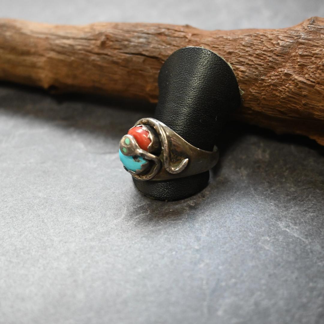 ズニ族 エフィー カラバサ ターコイズ リング コーラル　珊瑚 18号 zuni