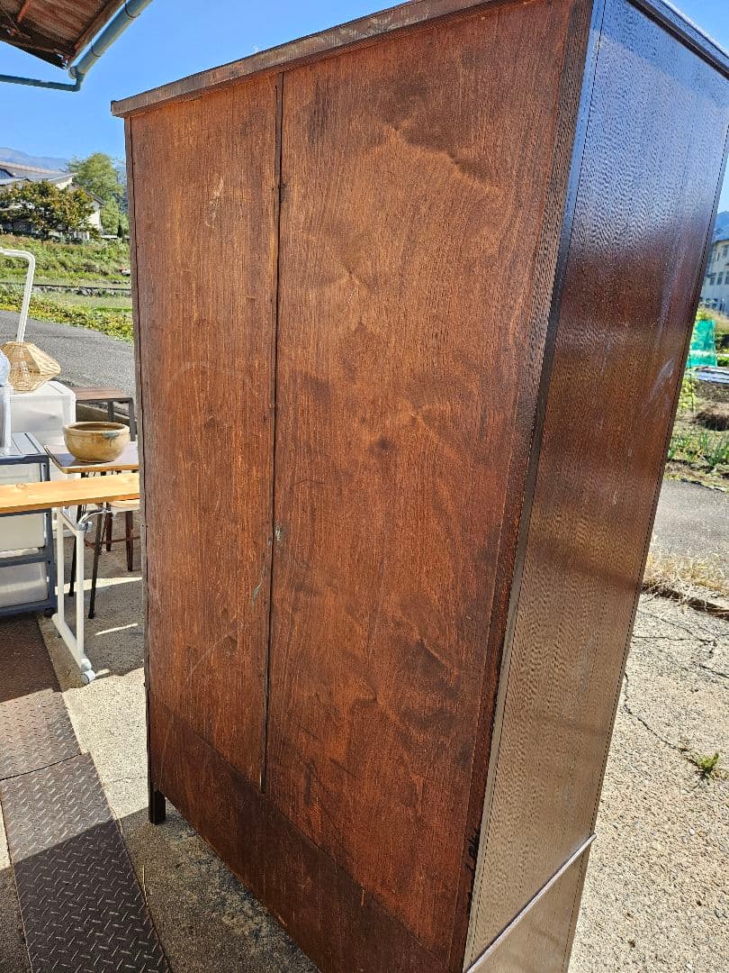 英国アンティーク 古いワードローブ 洋服箪笥 木製 無垢 ミラー 引出し付き