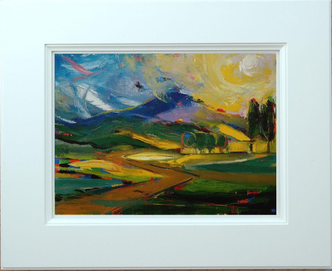 絵画 インテリア 絵 額付(黒）油絵 F4-081411 風景 朝夕陽 山 田園