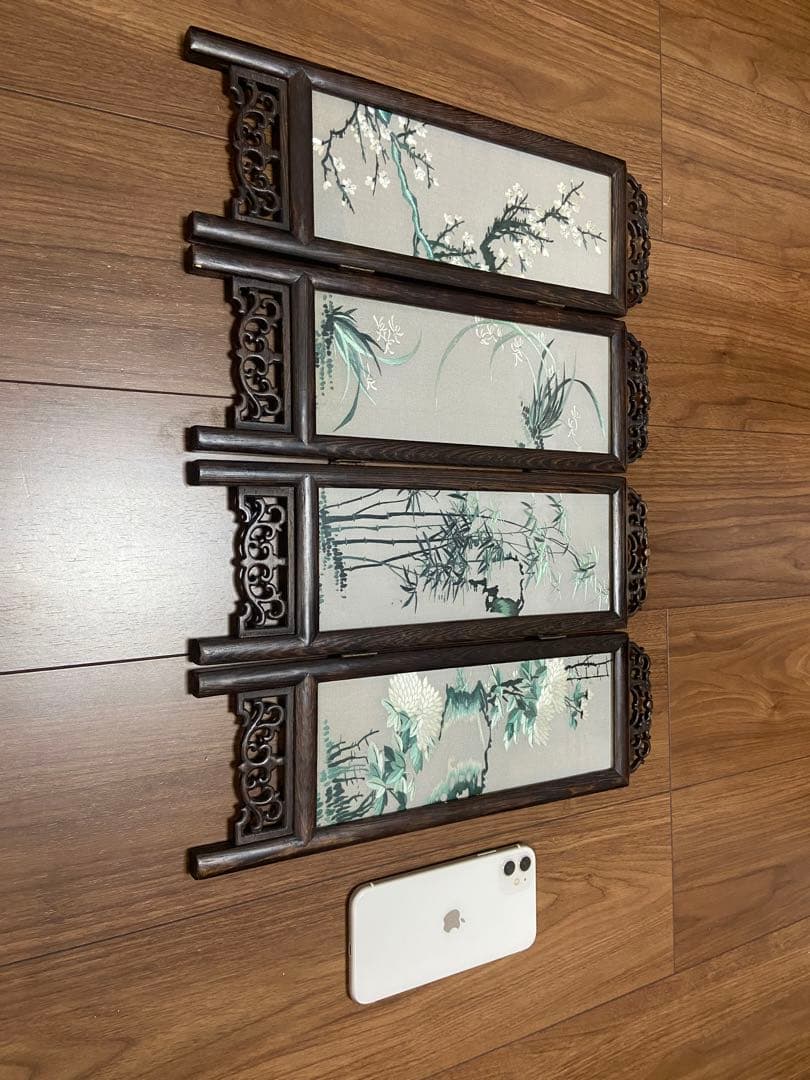 アジアンヴィンテージアンティーク　木製四つ折り屏風 植物絵画付き