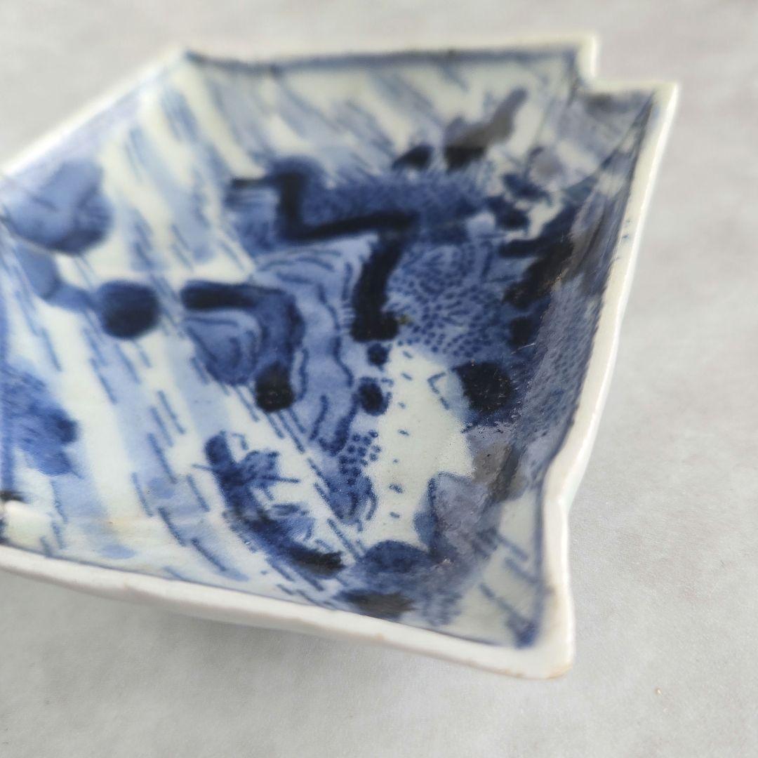 古伊万里　染付小皿　型紙摺印判　山水文　上手型物　骨董品　アンティーク　金継ぎ