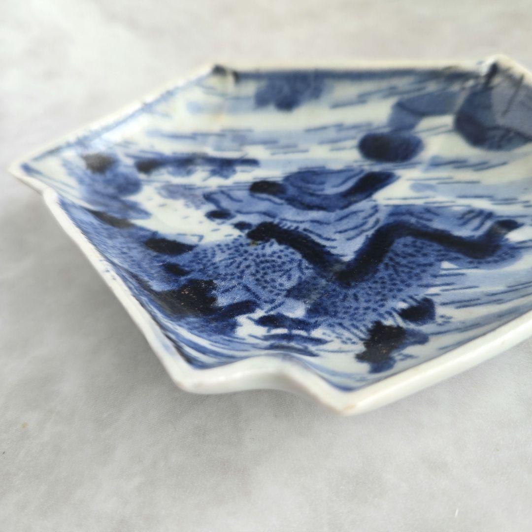 古伊万里　染付小皿　型紙摺印判　山水文　上手型物　骨董品　アンティーク　金継ぎ