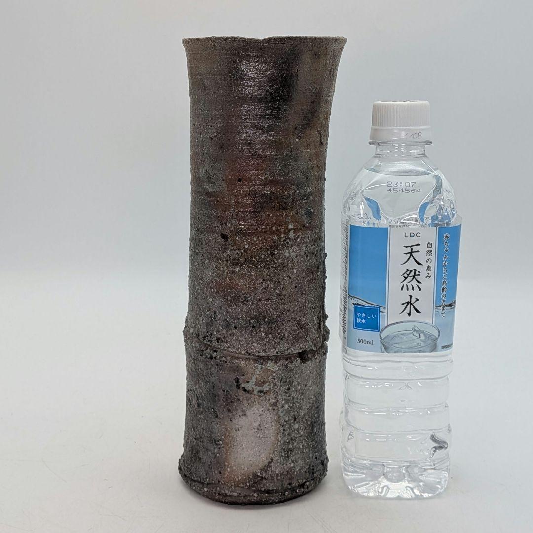 酉々窯 岩淵重哉 自然釉竹花生 四方桟盛蓋共箱共布栞 花器 フラワーベース 京焼