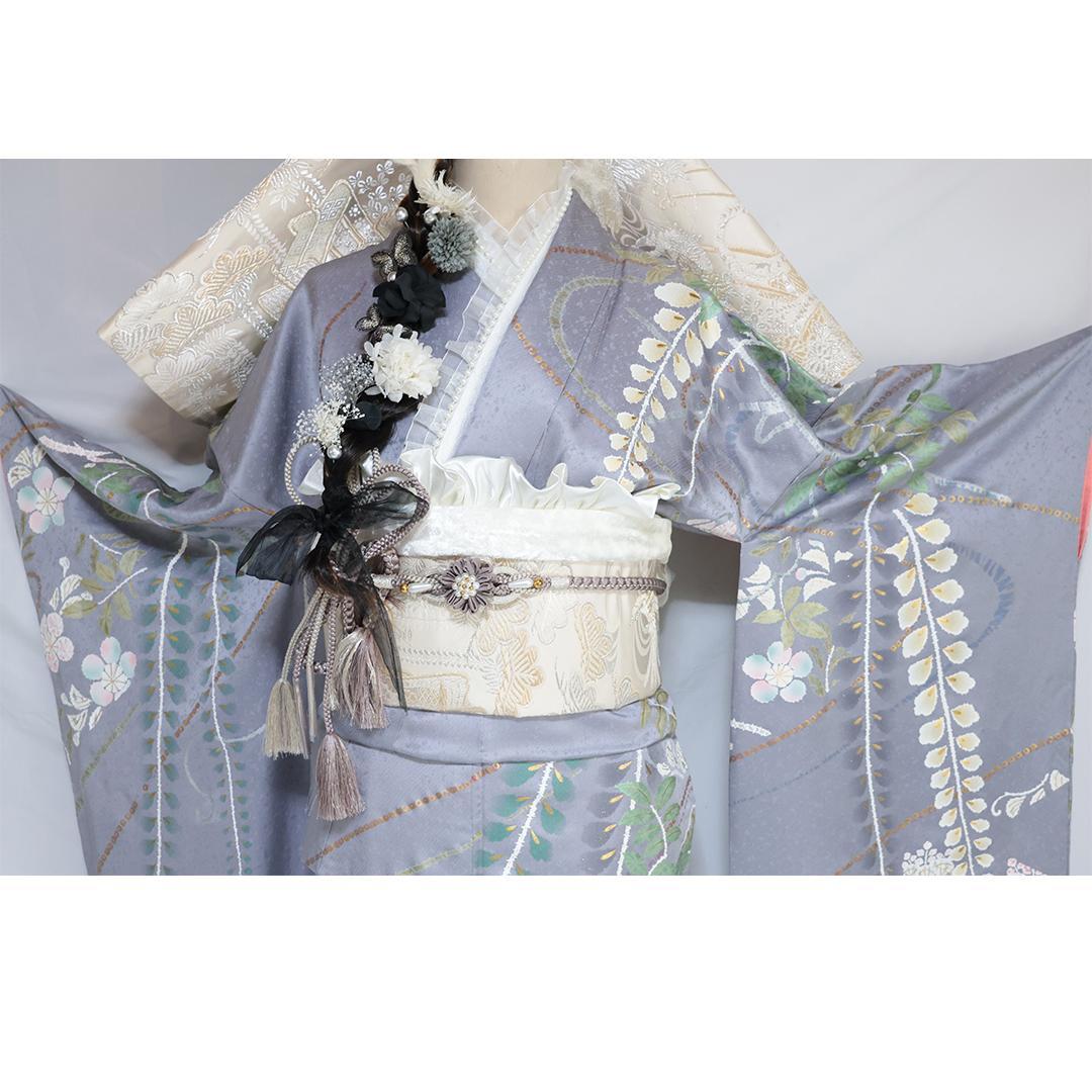 人気グレーベース■振袖7点セット■帯小物付フルセット帯締め重ね衿灰色正絹TA01