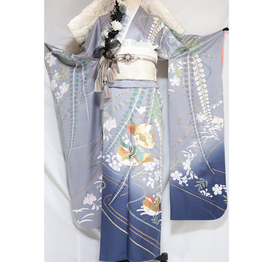 人気グレーベース■振袖7点セット■帯小物付フルセット帯締め重ね衿灰色正絹TA01