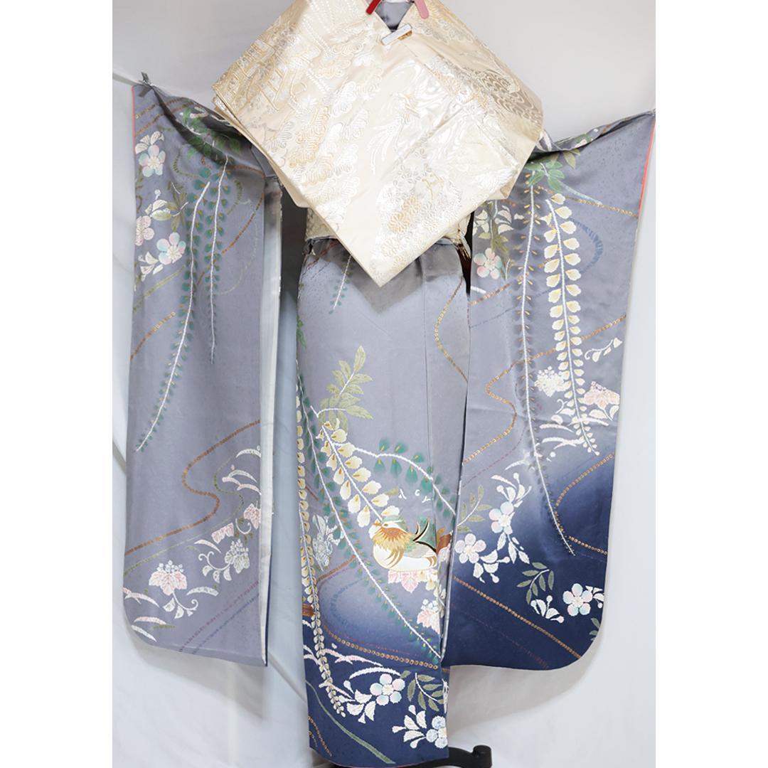 人気グレーベース■振袖7点セット■帯小物付フルセット帯締め重ね衿灰色正絹TA01