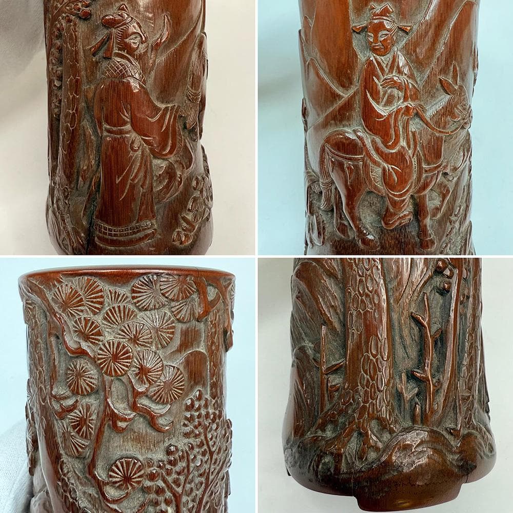 【竹】　★ 竹木 唐竹彫送別図筆筒 ★　清朝期　松樹 人物 彫刻文様　文房珍玩