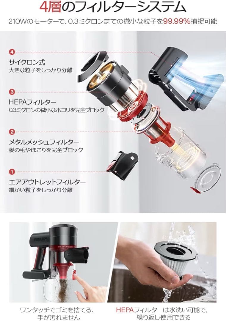 コードレス掃除機 超強力 サイクロン掃除機 大容量バッテリー ハンディクリーナー