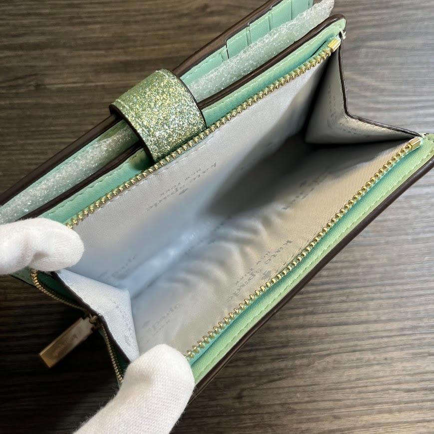 ケイトスペード ニューヨーク グリッター 二つ折り財布 キラキラ グリーン 箱付