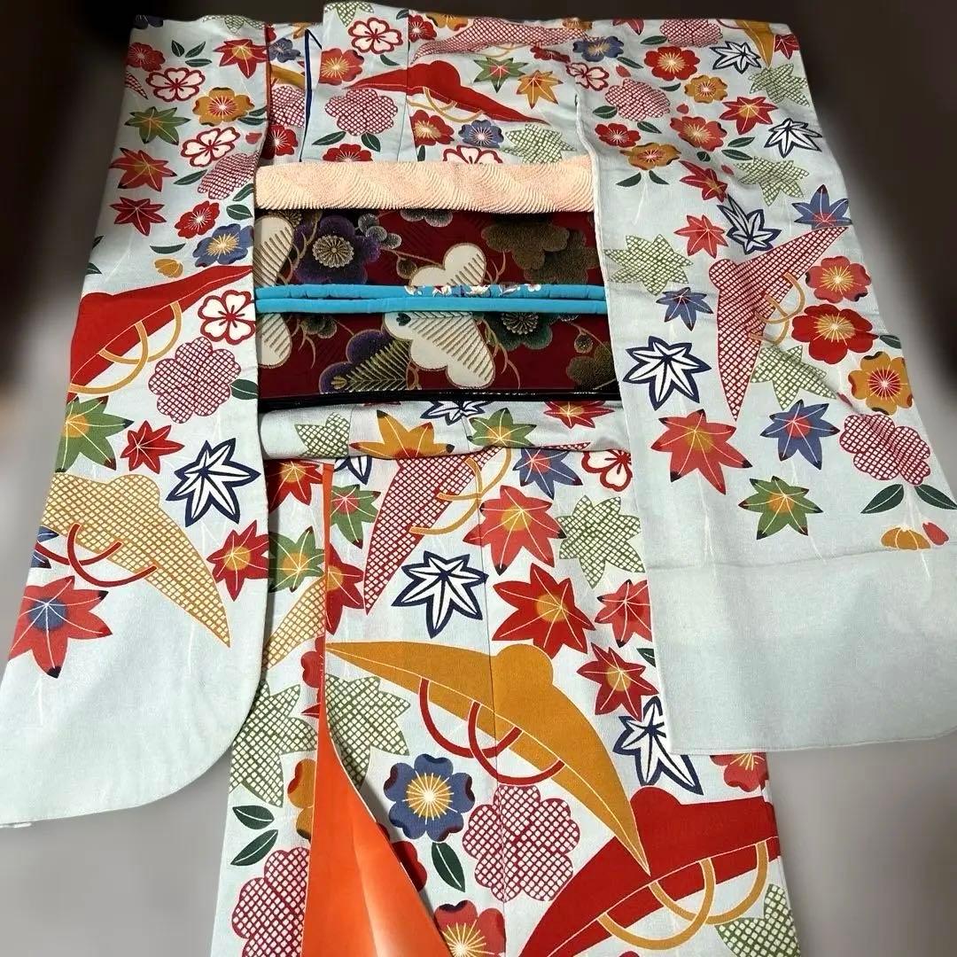 振袖と長襦袢のセット　栗山吉三郎　落款あり　京紅型　桜楓市女笠 　水色　小柄な方