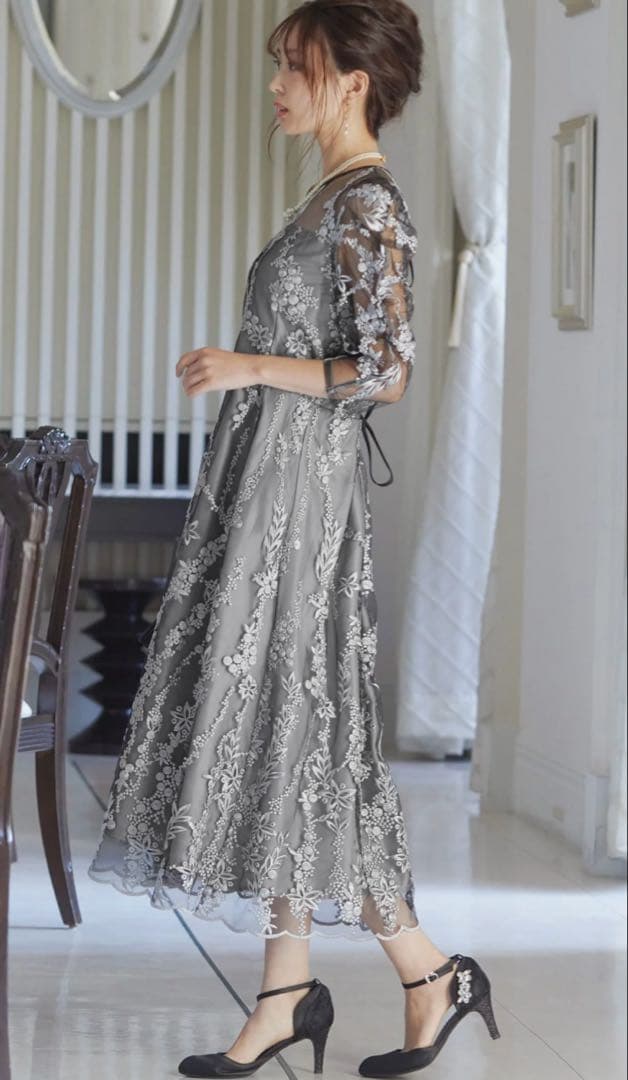 ハレモード　haremode 刺繡レース バックリボン パーティードレス