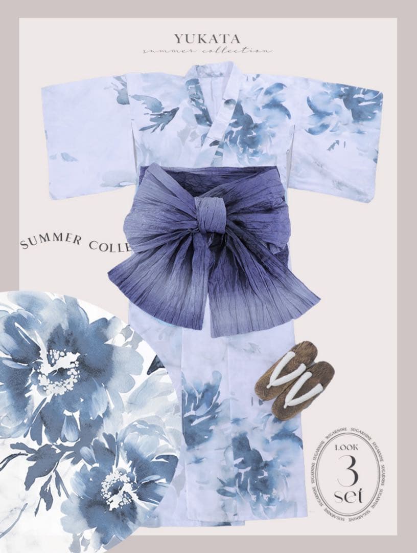 青い花柄 浴衣・帯・下駄セット　JEWELS