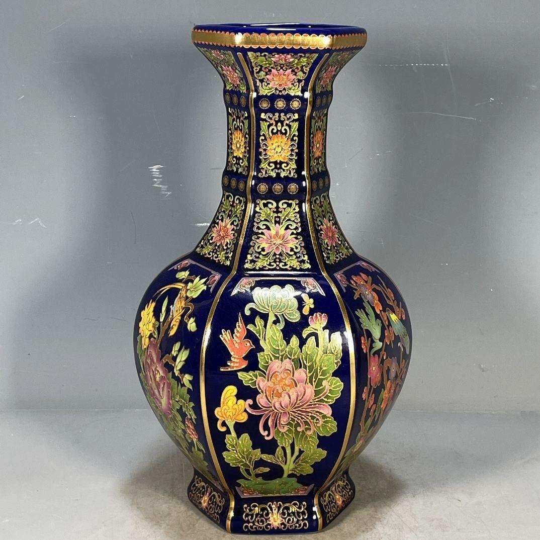 清乾隆琺瑯彩花卉図紋六稜賞瓶 景徳鎮 陶磁器 装飾品 現代工芸品 美術品 置物