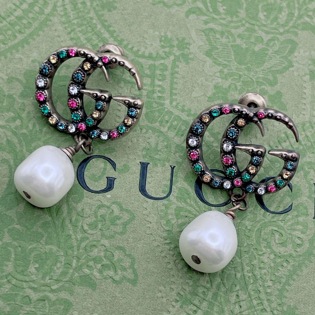 GUCCI ピアス　GG マルチストーン　インターロッキング　パール　ゴールド