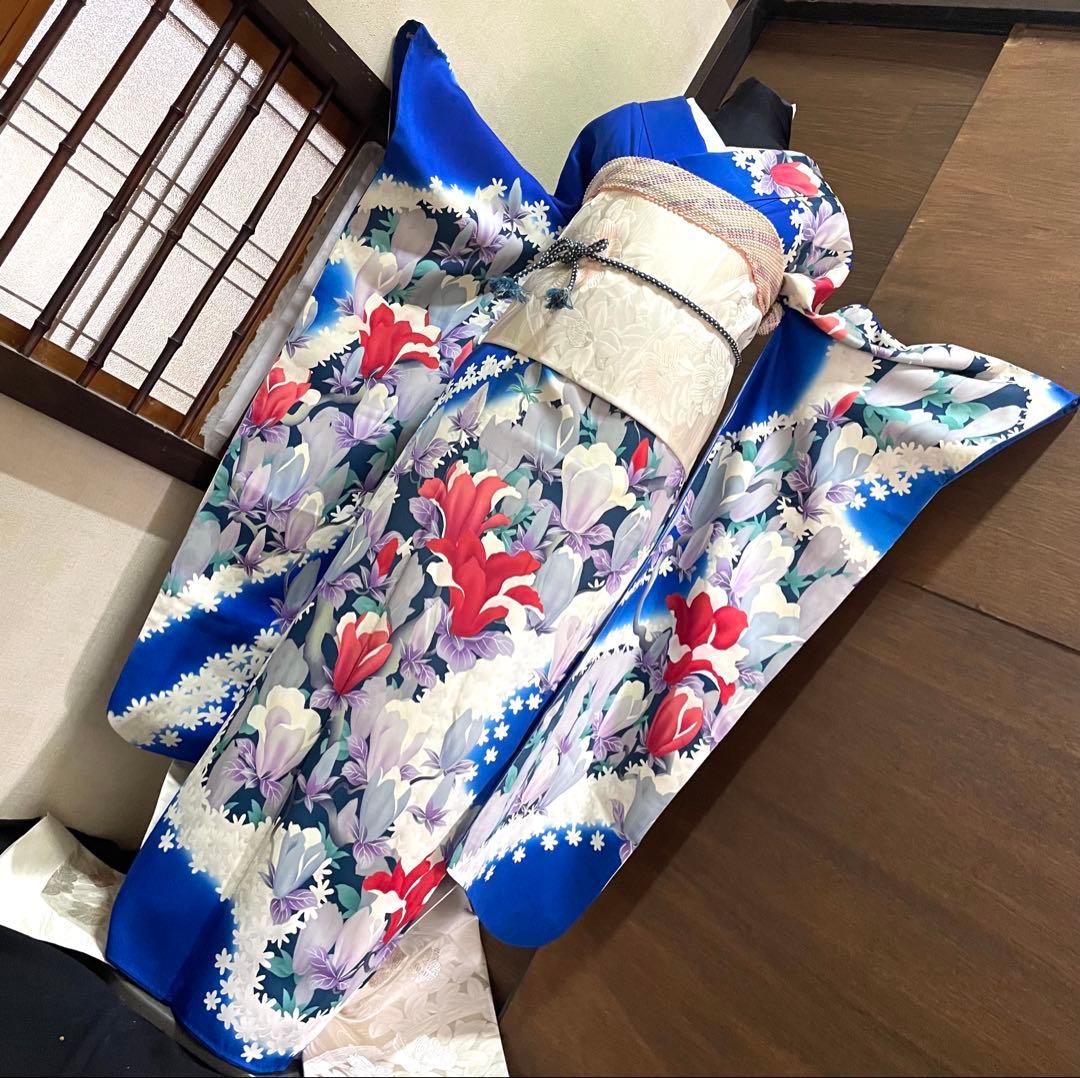 振袖 フルセット6点サイズM〜Ｌ草花文　暈し染め　正絹