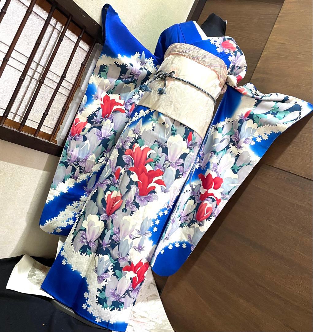 振袖 フルセット6点サイズM〜Ｌ草花文　暈し染め　正絹